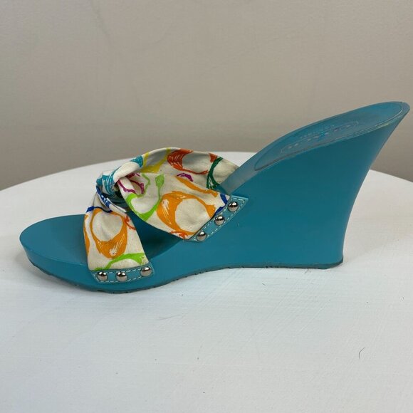 Coach Wedge Sandals Womens 8 Blue Slip On Fabric Studded VINTAGE *Read* - Picture 8 of 15